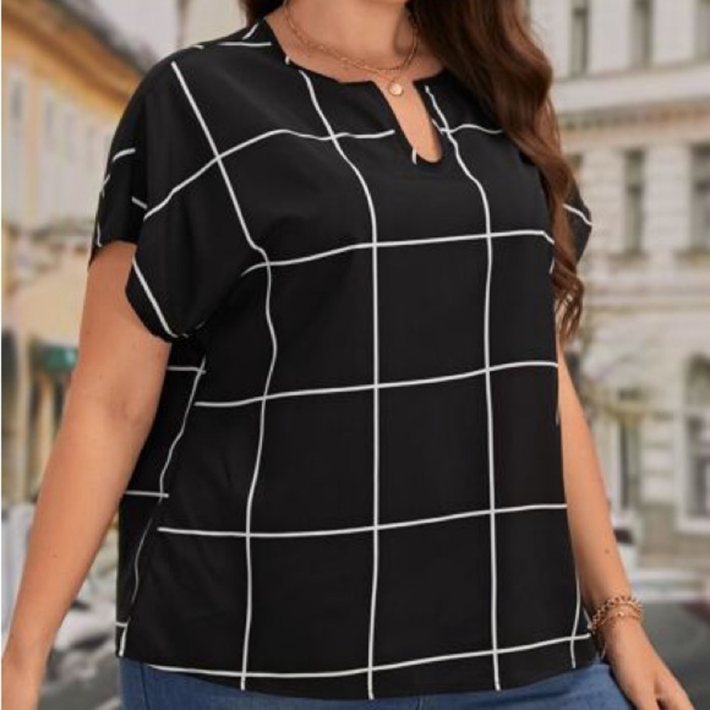 Shein Emery Rose Plaid Print Notched Neckline Batwing Sleeve Blouse in 3XL (18)